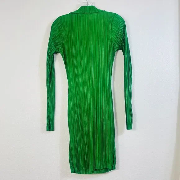 Missguided Womens Plisse Twist Front Plunging Long Sleeve Mini Dress Sz 2 Green - Picture 4 of 13